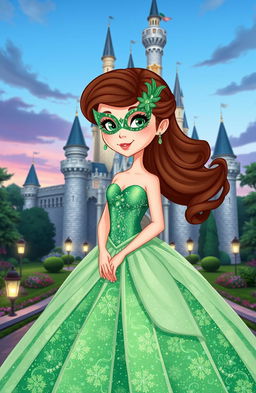 A cartoon girl wearing a stunning green sparkly gown, complete with a shimmering texture, looking elegant and magical