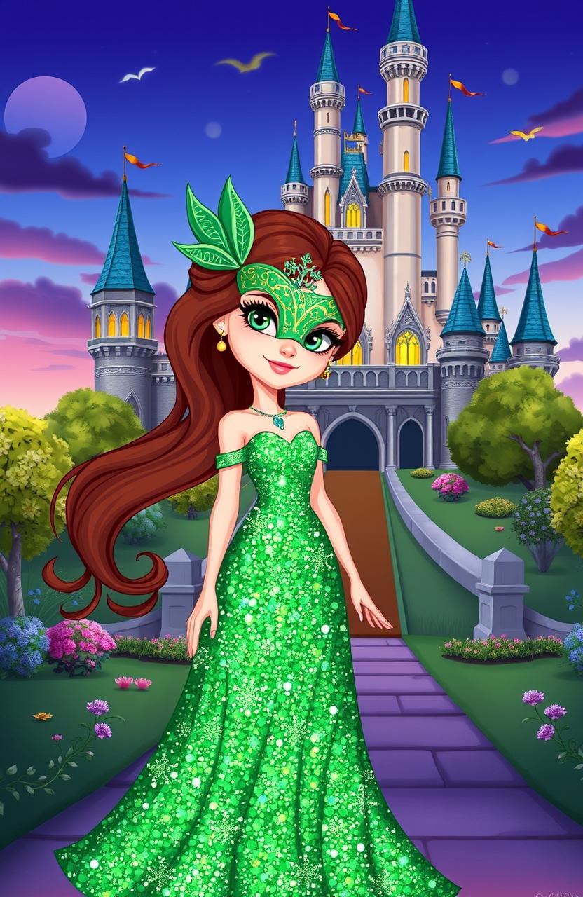 A cartoon girl wearing a stunning green sparkly gown, complete with a shimmering texture, looking elegant and magical