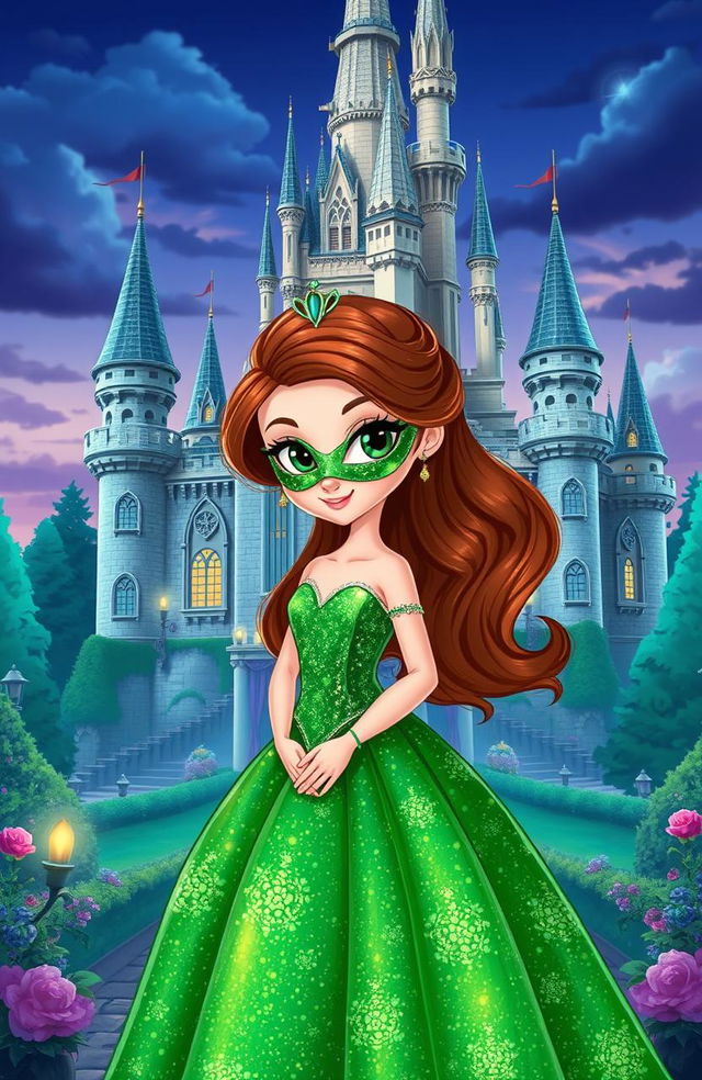 A cartoon girl wearing a stunning green sparkly gown, complete with a shimmering texture, looking elegant and magical