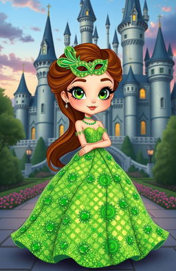 A cartoon girl wearing a stunning green sparkly gown, complete with a shimmering texture, looking elegant and magical