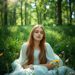 A young woman lying in a lush, green forest, surrounded by tall trees and soft grass