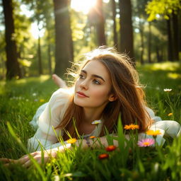 A young woman lying in a lush, green forest, surrounded by tall trees and soft grass