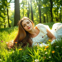 A young woman lying in a lush, green forest, surrounded by tall trees and soft grass