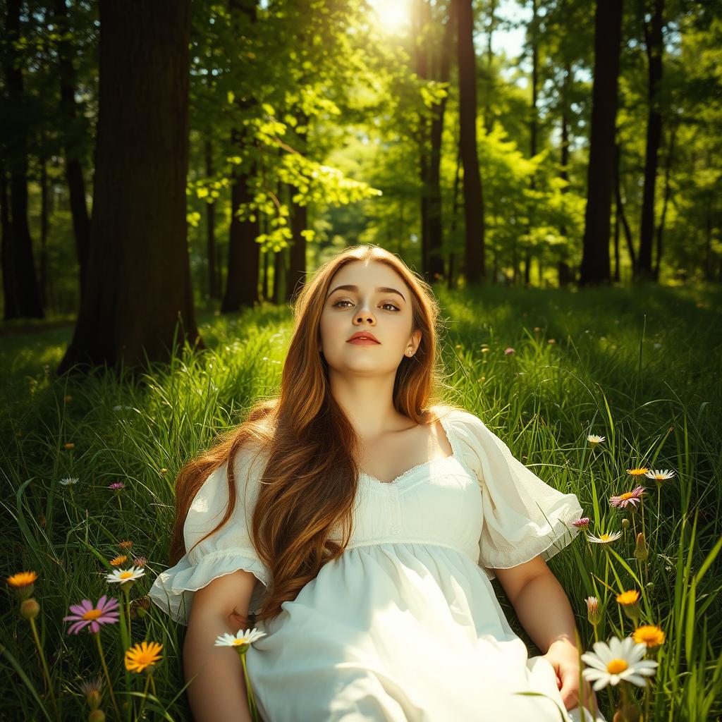 A young woman lying in a lush, green forest, surrounded by tall trees and soft grass