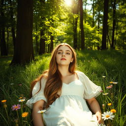 A young woman lying in a lush, green forest, surrounded by tall trees and soft grass