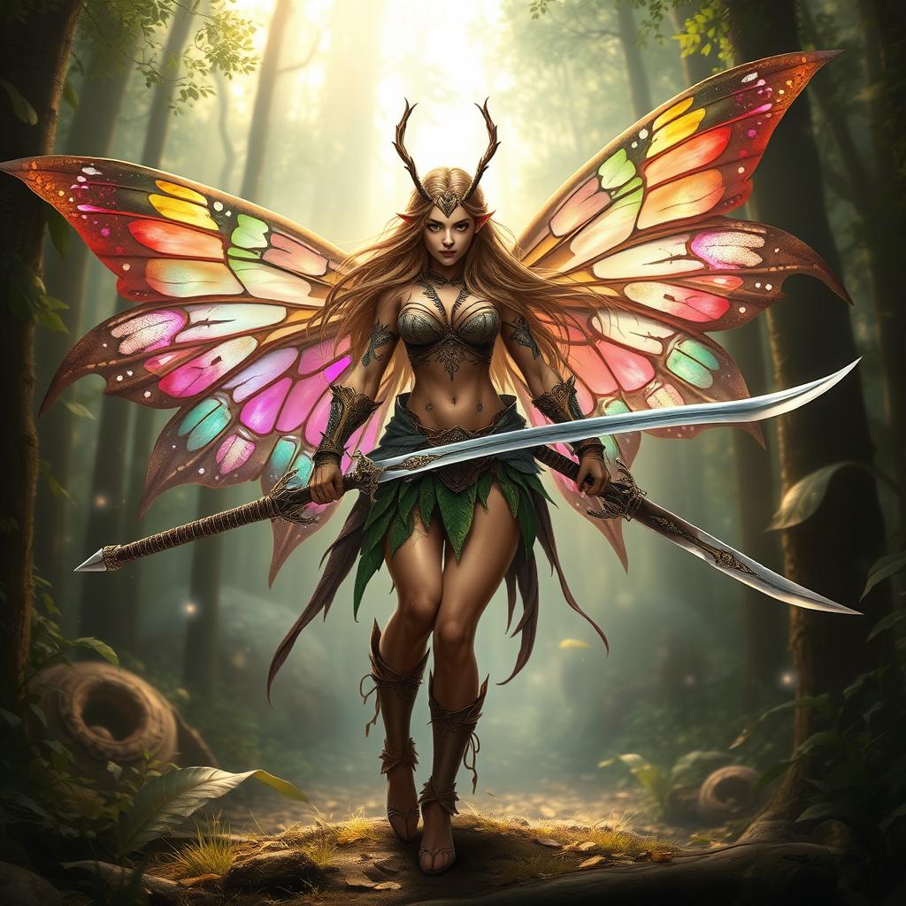 A fierce female barbarian fairy with intricate, colorful wings inspired by butterfly designs, wielding dual longswords with ornate hilts