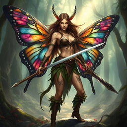 A fierce female barbarian fairy with intricate, colorful wings inspired by butterfly designs, wielding dual longswords with ornate hilts