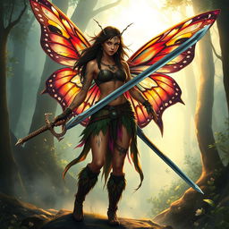 A fierce female barbarian fairy with intricate, colorful wings inspired by butterfly designs, wielding dual longswords with ornate hilts