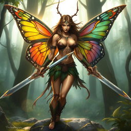 A fierce female barbarian fairy with intricate, colorful wings inspired by butterfly designs, wielding dual longswords with ornate hilts