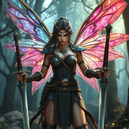 A fierce female fairy warrior, showcasing magnificent translucent wings that shimmer with colorful hues