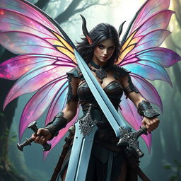A fierce female fairy warrior, showcasing magnificent translucent wings that shimmer with colorful hues