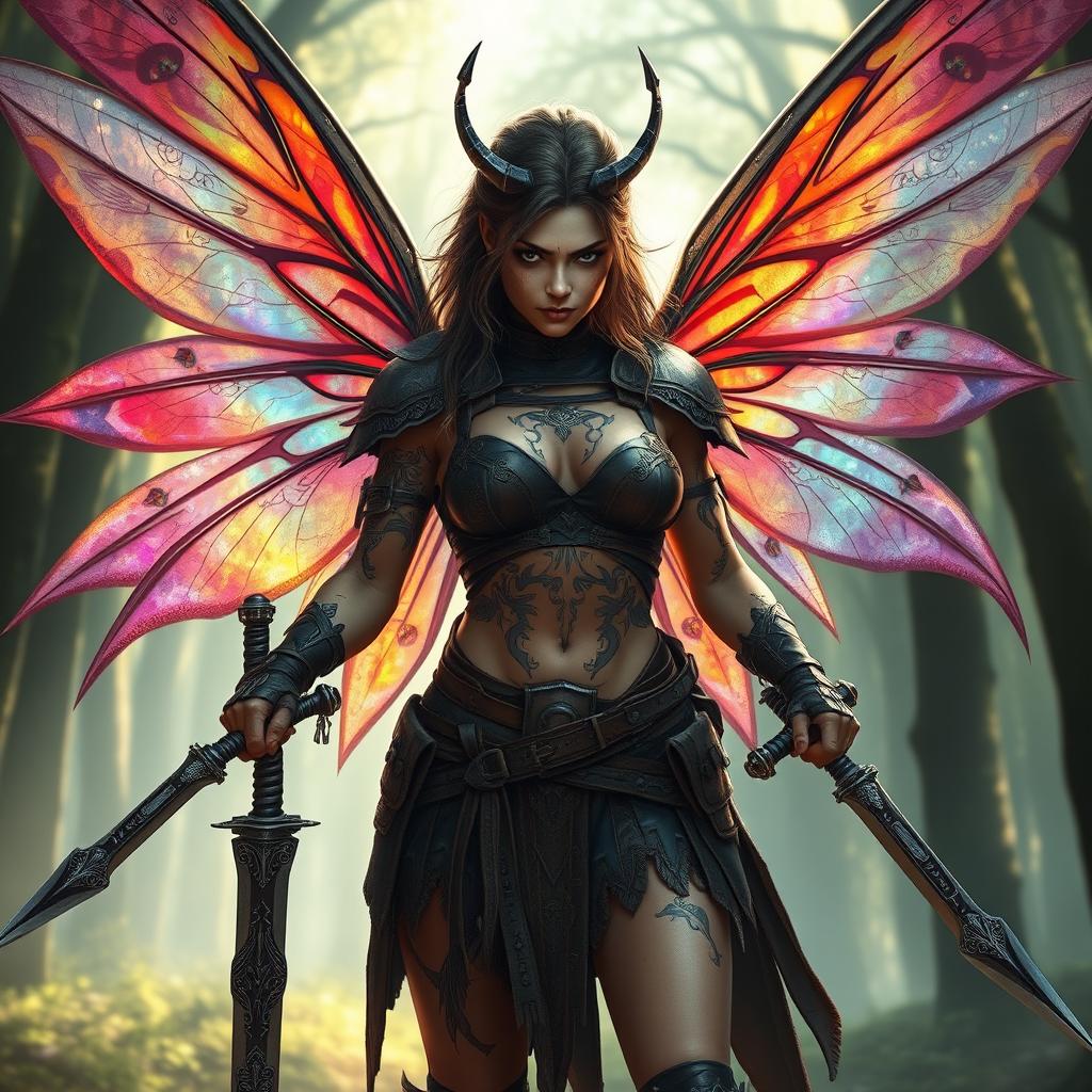 A fierce female fairy warrior, showcasing magnificent translucent wings that shimmer with colorful hues