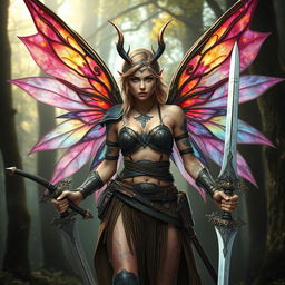 A fierce female fairy warrior, showcasing magnificent translucent wings that shimmer with colorful hues
