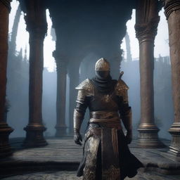 A high-definition screenshot from the leaked gameplay of Elden Ring 2, showcasing the game's protagonist in ornate armor, the gothic architecture of the game world, and the game's user interface