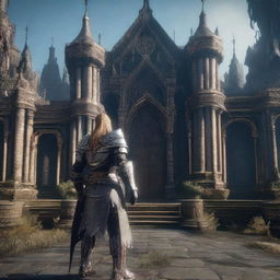 A high-definition screenshot from the leaked gameplay of Elden Ring 2, showcasing the game's protagonist in ornate armor, the gothic architecture of the game world, and the game's user interface