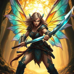 A fierce female fairy warrior with intricate, colorful wings, wielding two gleaming swords in a dynamic action pose