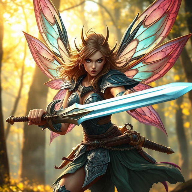 A fierce female fairy warrior with intricate, colorful wings, wielding two gleaming swords in a dynamic action pose