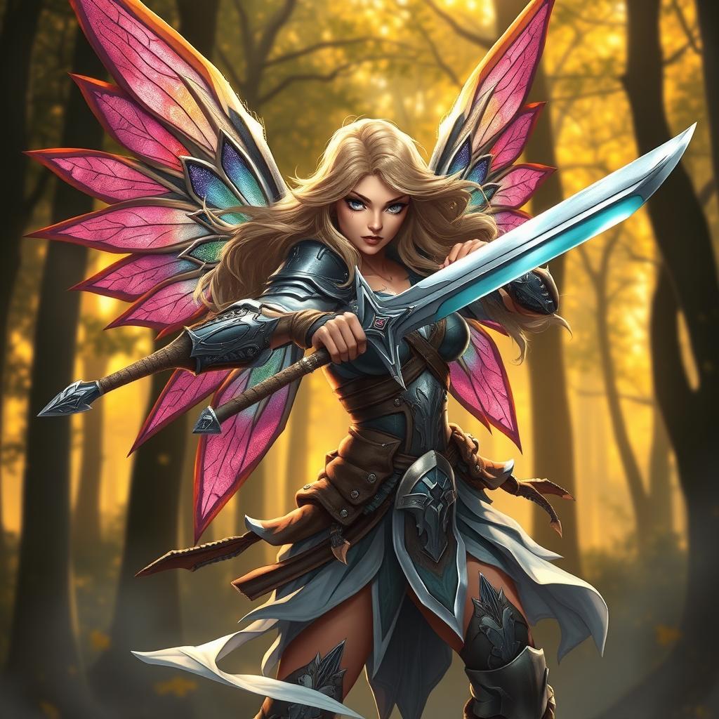 A fierce female fairy warrior with intricate, colorful wings, wielding two gleaming swords in a dynamic action pose