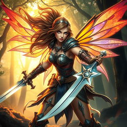 A fierce female fairy warrior with intricate, colorful wings, wielding two gleaming swords in a dynamic action pose