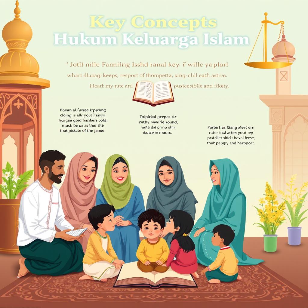 A visually engaging illustration representing key concepts in Islamic family law (Hukum Keluarga Islam)