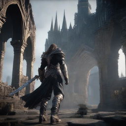 A high-definition screenshot from the leaked gameplay of Elden Ring 2, showcasing the game's protagonist in ornate armor, the gothic architecture of the game world, and the game's user interface