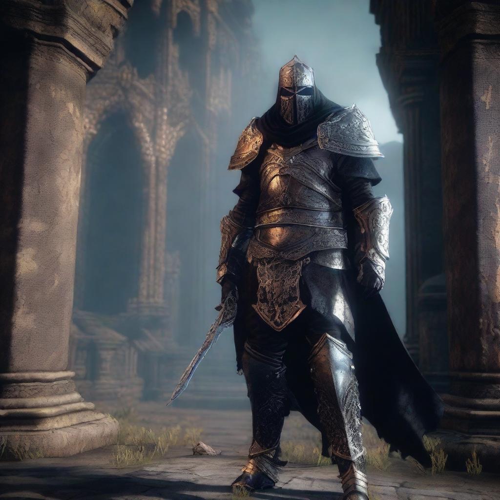 A high-definition screenshot from the leaked gameplay of Elden Ring 2, showcasing the game's protagonist in ornate armor, the gothic architecture of the game world, and the game's user interface