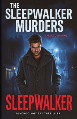 A gripping book cover for 'The Sleepwalker Murders', featuring a detective named Alex in a dimly lit, atmospheric urban setting