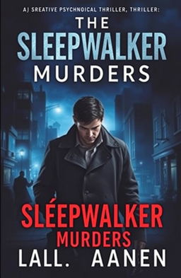 A gripping book cover for 'The Sleepwalker Murders', featuring a detective named Alex in a dimly lit, atmospheric urban setting