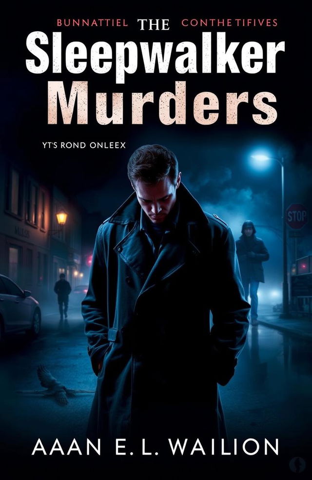 A gripping book cover for 'The Sleepwalker Murders', featuring a detective named Alex in a dimly lit, atmospheric urban setting