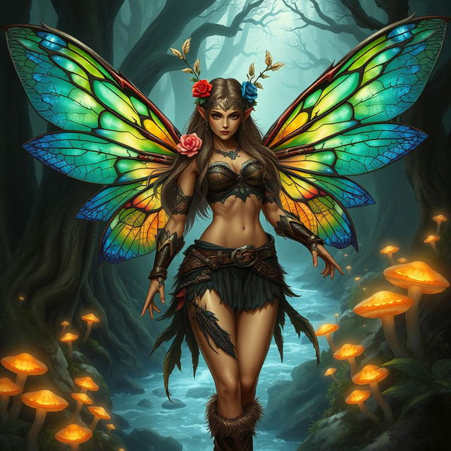 A fierce female barbarian fairy, with intricately designed wings that resemble a blend of dragonfly and butterfly wings, showcasing vibrant colors like emerald green and royal blue