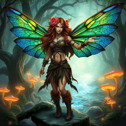 A fierce female barbarian fairy, with intricately designed wings that resemble a blend of dragonfly and butterfly wings, showcasing vibrant colors like emerald green and royal blue