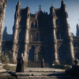 A PlayStation 5 enhanced screenshot from Elden Ring 2, showcasing the game's protagonist, the gothic architecture, and the game's user interface in stunning detail