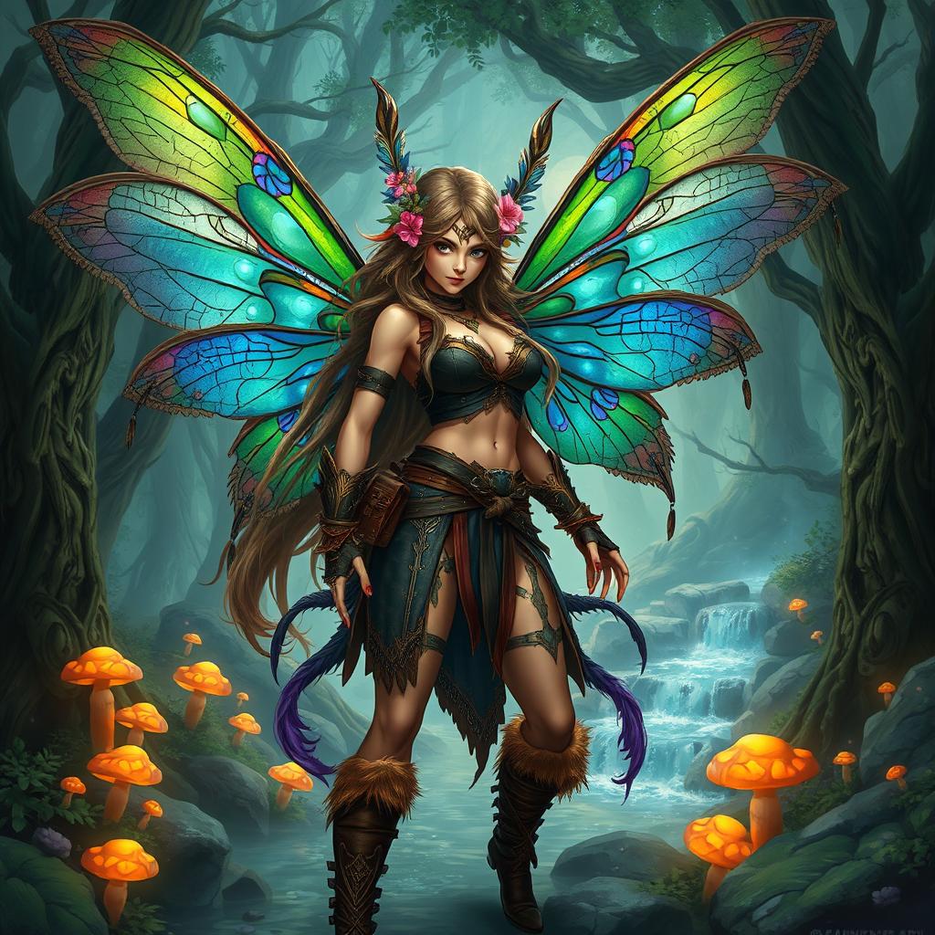 A fierce female barbarian fairy, with intricately designed wings that resemble a blend of dragonfly and butterfly wings, showcasing vibrant colors like emerald green and royal blue