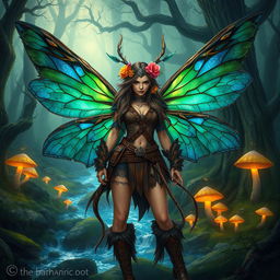 A fierce female barbarian fairy, with intricately designed wings that resemble a blend of dragonfly and butterfly wings, showcasing vibrant colors like emerald green and royal blue