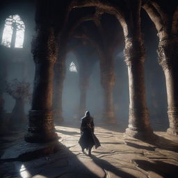 A PlayStation 5 enhanced screenshot from Elden Ring 2, showcasing the game's protagonist, the gothic architecture, and the game's user interface in stunning detail