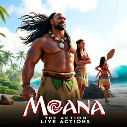 A teaser poster for a live action adaptation of Moana, featuring Dwayne Johnson as Maui with his muscular build, long flowing hair, and tattoos, standing proudly on a tropical beach