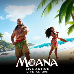 A teaser poster for a live action adaptation of Moana, featuring Dwayne Johnson as Maui with his muscular build, long flowing hair, and tattoos, standing proudly on a tropical beach