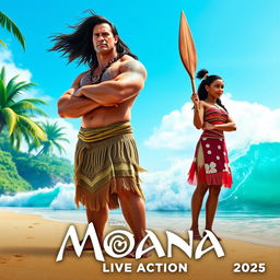 A teaser poster for a live action adaptation of Moana, featuring Dwayne Johnson as Maui with his muscular build, long flowing hair, and tattoos, standing proudly on a tropical beach