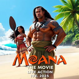 A teaser poster for a live action adaptation of Moana, featuring Dwayne Johnson as Maui with his muscular build, long flowing hair, and tattoos, standing proudly on a tropical beach