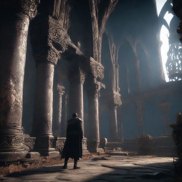 A PlayStation 5 enhanced screenshot from Elden Ring 2, showcasing the game's protagonist, the gothic architecture, and the game's user interface in stunning detail