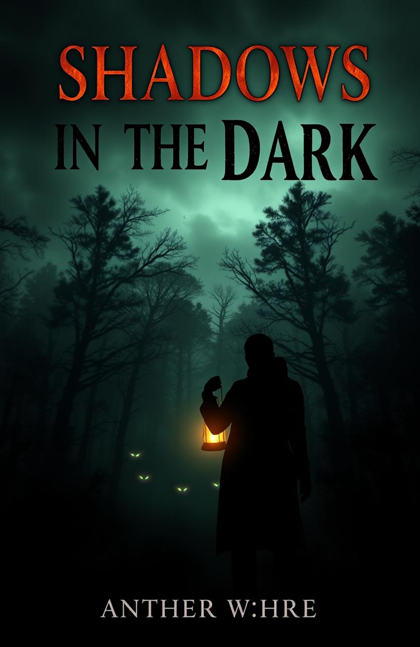 A dark, eerie book cover for a thriller/horror novel titled 'Shadows in the Dark'