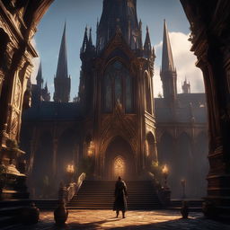 A Pixar-style digital art piece reimagining a screenshot from Elden Ring 2, featuring the protagonist, the game's gothic architecture, and stylized user interface