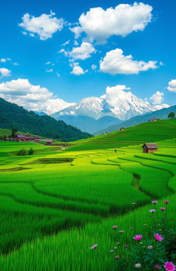 A serene and picturesque background design showcasing a lush Nepali agricultural field, filled with terraced rice paddies glowing in vibrant shades of green