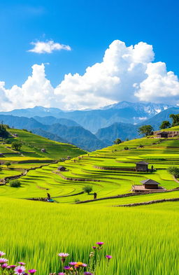 A serene and picturesque background design showcasing a lush Nepali agricultural field, filled with terraced rice paddies glowing in vibrant shades of green