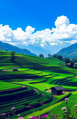 A serene and picturesque background design showcasing a lush Nepali agricultural field, filled with terraced rice paddies glowing in vibrant shades of green