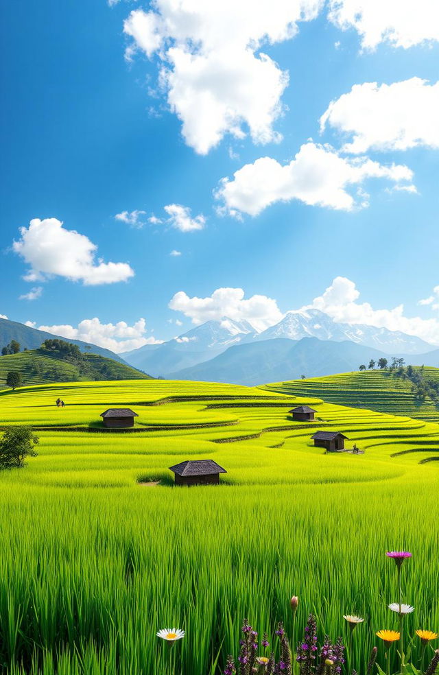 A serene and picturesque background design showcasing a lush Nepali agricultural field, filled with terraced rice paddies glowing in vibrant shades of green