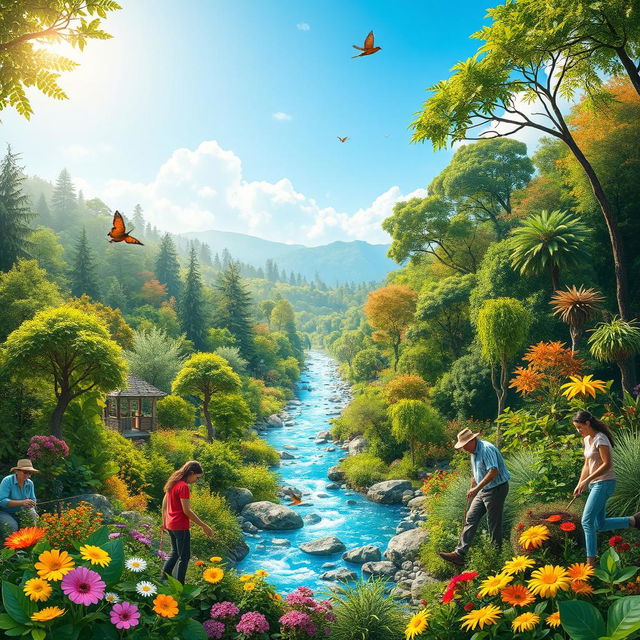 A vibrant and lush landscape showcasing a variety of eco-friendly elements, such as a flourishing forest filled with diverse trees and plants, a crystal clear river flowing through with sparkling blue water, and a sunny sky above