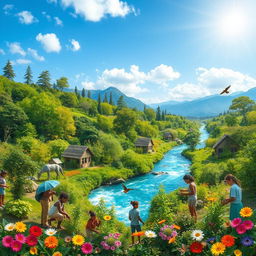 A vibrant and lush landscape showcasing a variety of eco-friendly elements, such as a flourishing forest filled with diverse trees and plants, a crystal clear river flowing through with sparkling blue water, and a sunny sky above
