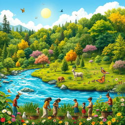 A vibrant and lush landscape showcasing a variety of eco-friendly elements, such as a flourishing forest filled with diverse trees and plants, a crystal clear river flowing through with sparkling blue water, and a sunny sky above