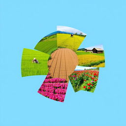 A beautiful agricultural farm in Nepal, featuring five vibrant photos arranged in a circular composition